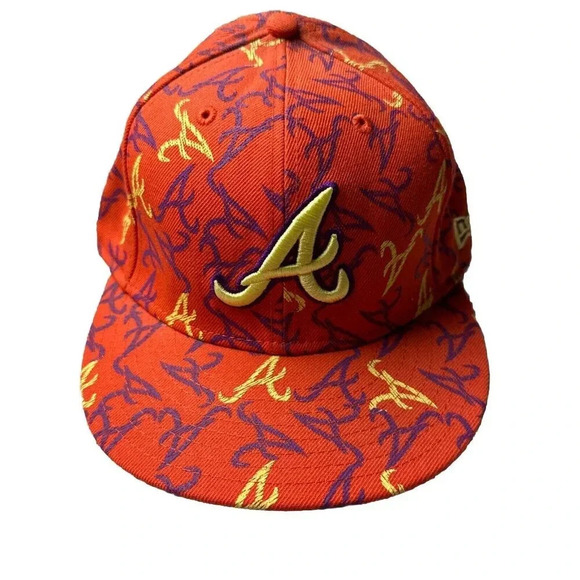 Atlanta Braves Hat New Era 59Fifty All Over Print Baseball Cap Orange 7 3/8 New - Picture 1 of 16